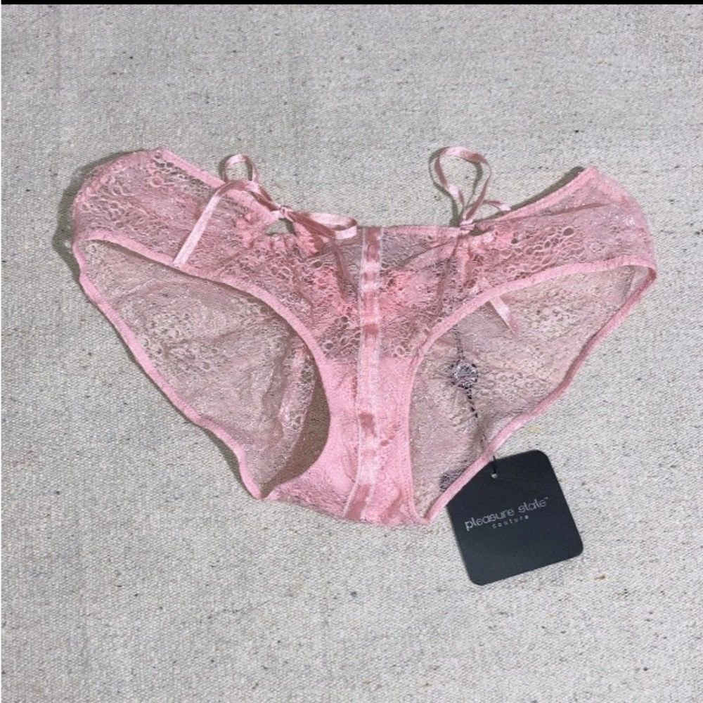 Pleasure State Pink Keyhole Sheer Metallic Lace Satin Ribbons ￼Bikini Panties M